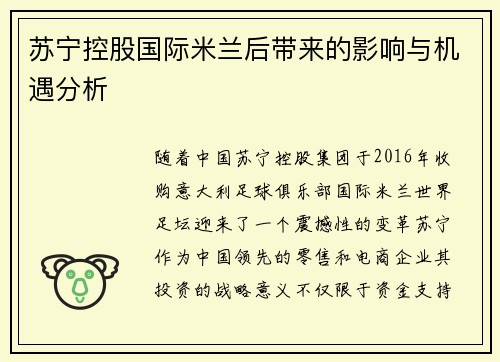 苏宁控股国际米兰后带来的影响与机遇分析 苏宁控股国际米兰后带来的影响与机遇分析